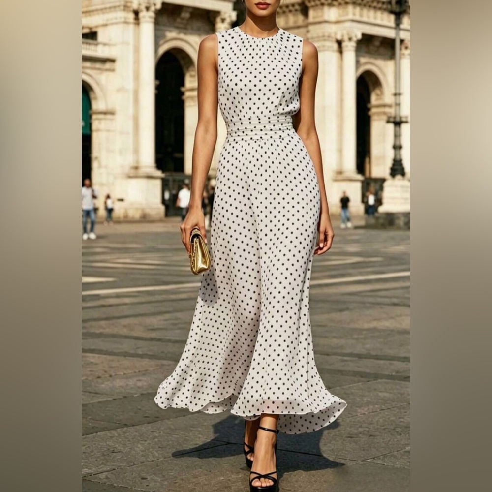 White & Black Polka Dot Soft Chiffon Overlay Maxi Dress